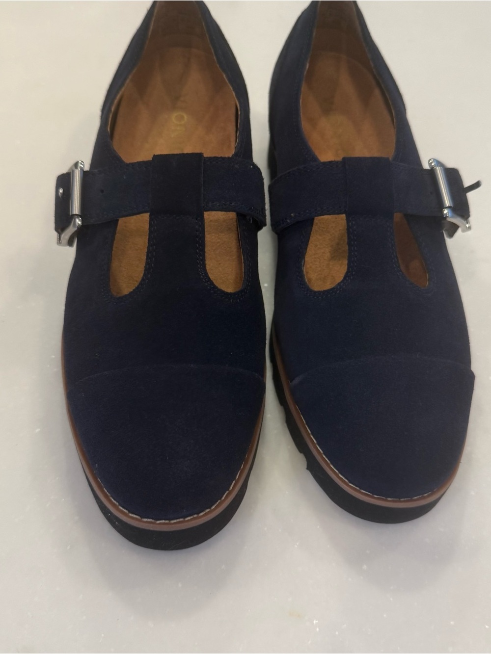 Vionic Carmen Women's US 6.5 W Navy Suede T-Strap Lug Sole Mary Jane Shoes NEW - Picture 3 of 14